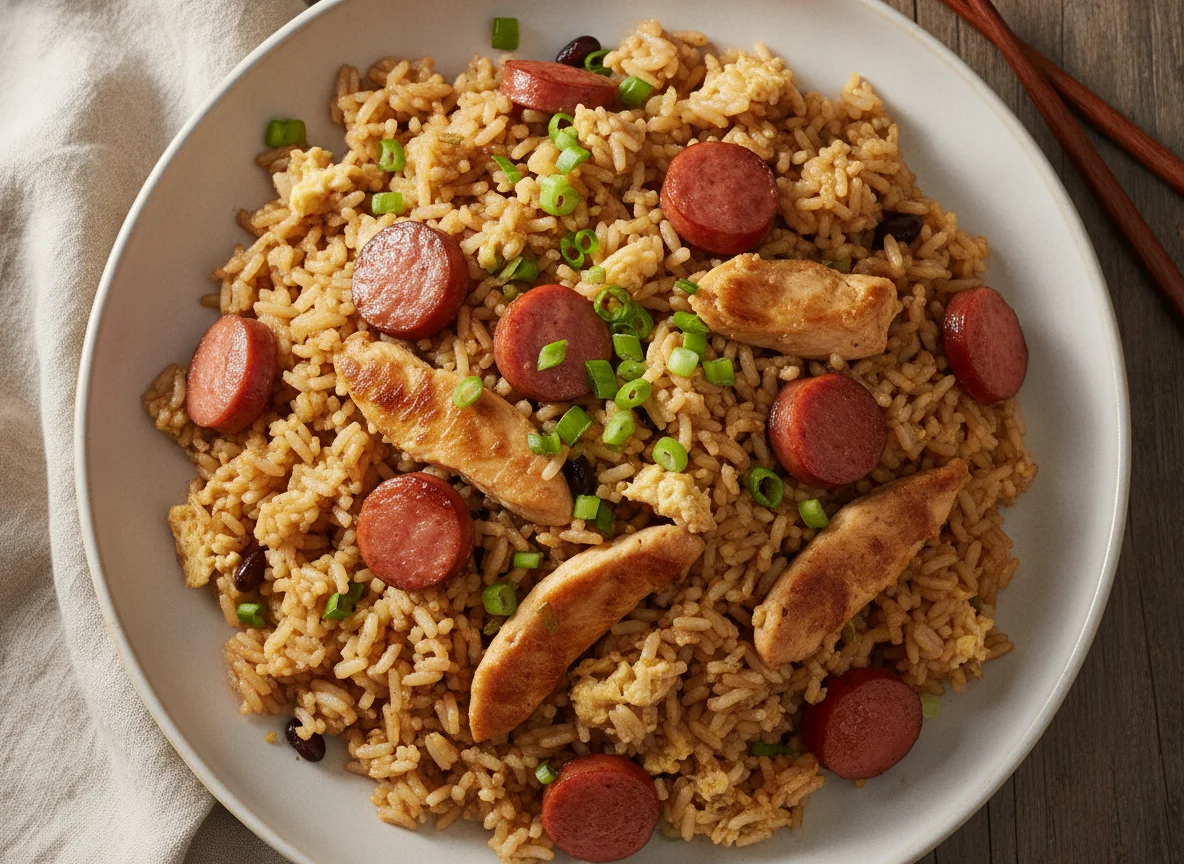 Arroz Chaufa con Hot Dog y Pollo photo