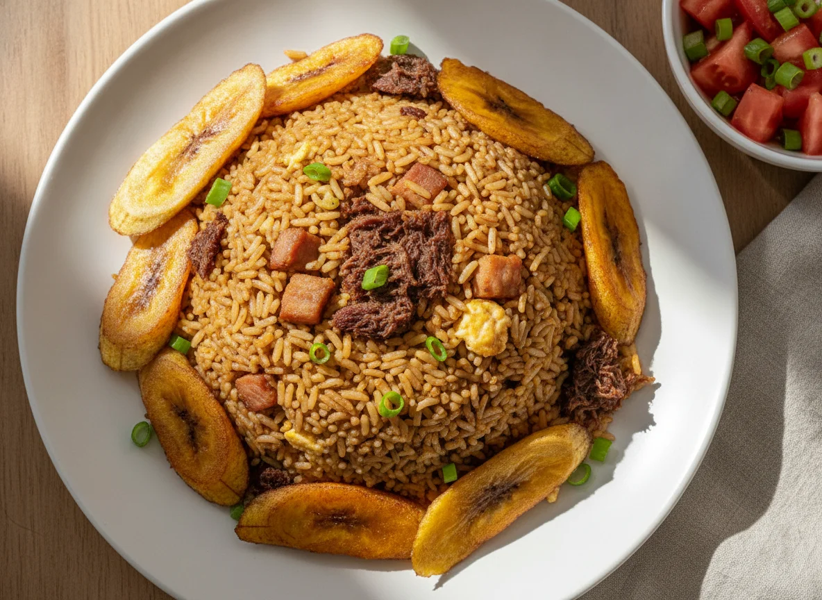 Arroz chaufa con plátano frito y ensalada de tomate photo