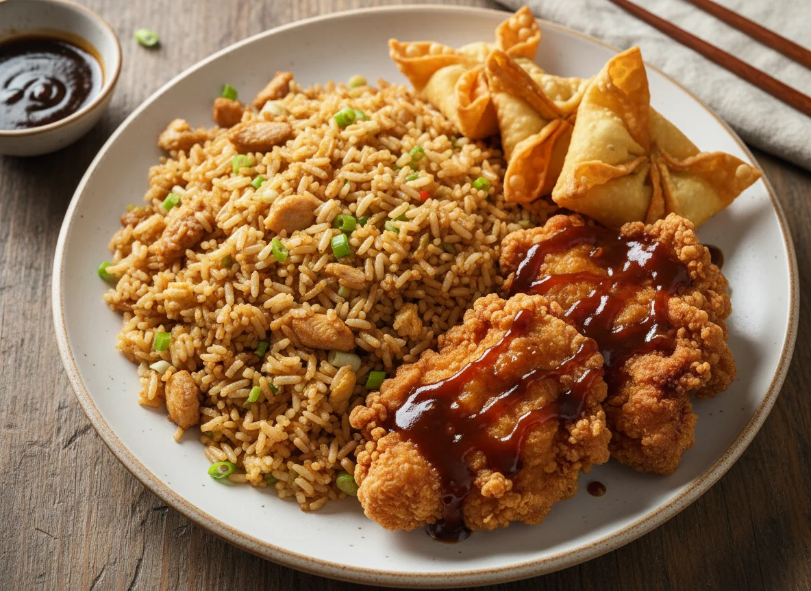 Arroz Chaufa con Pollo Chijaukay y Wantanes Fritos photo