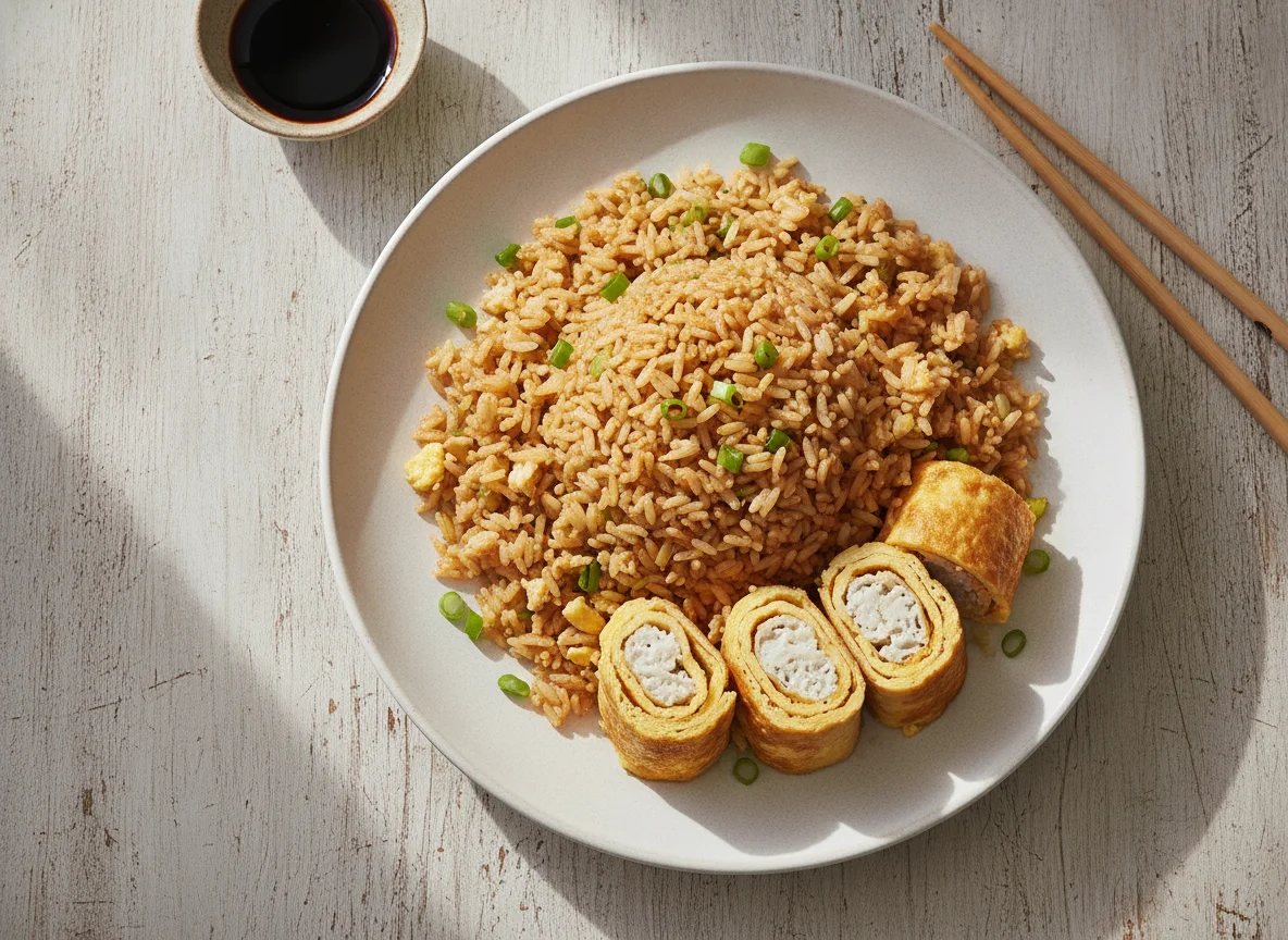 Arroz chaufa con rollitos de tortilla y pescado photo