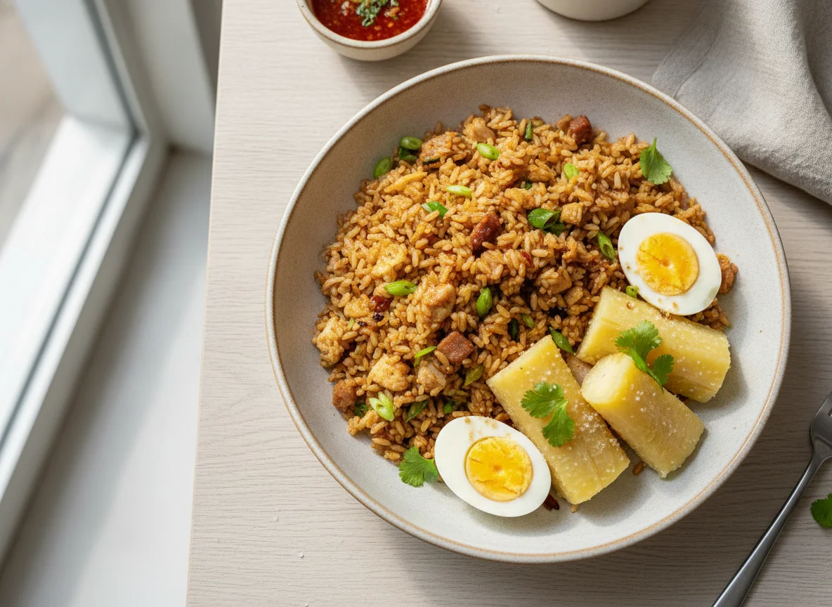 Arroz chaufa con yuca y huevo duro photo