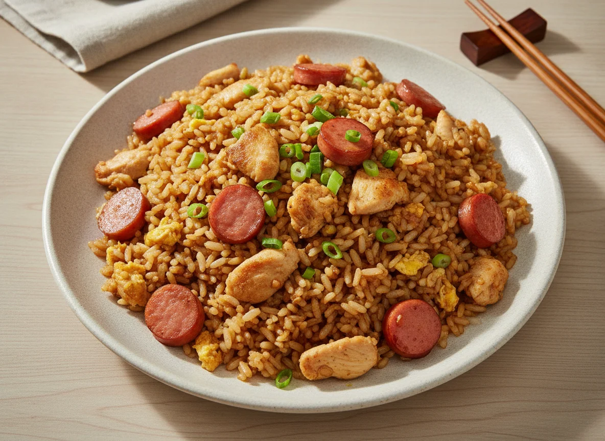 Arroz Chaufa de Pollo y Hot Dog photo