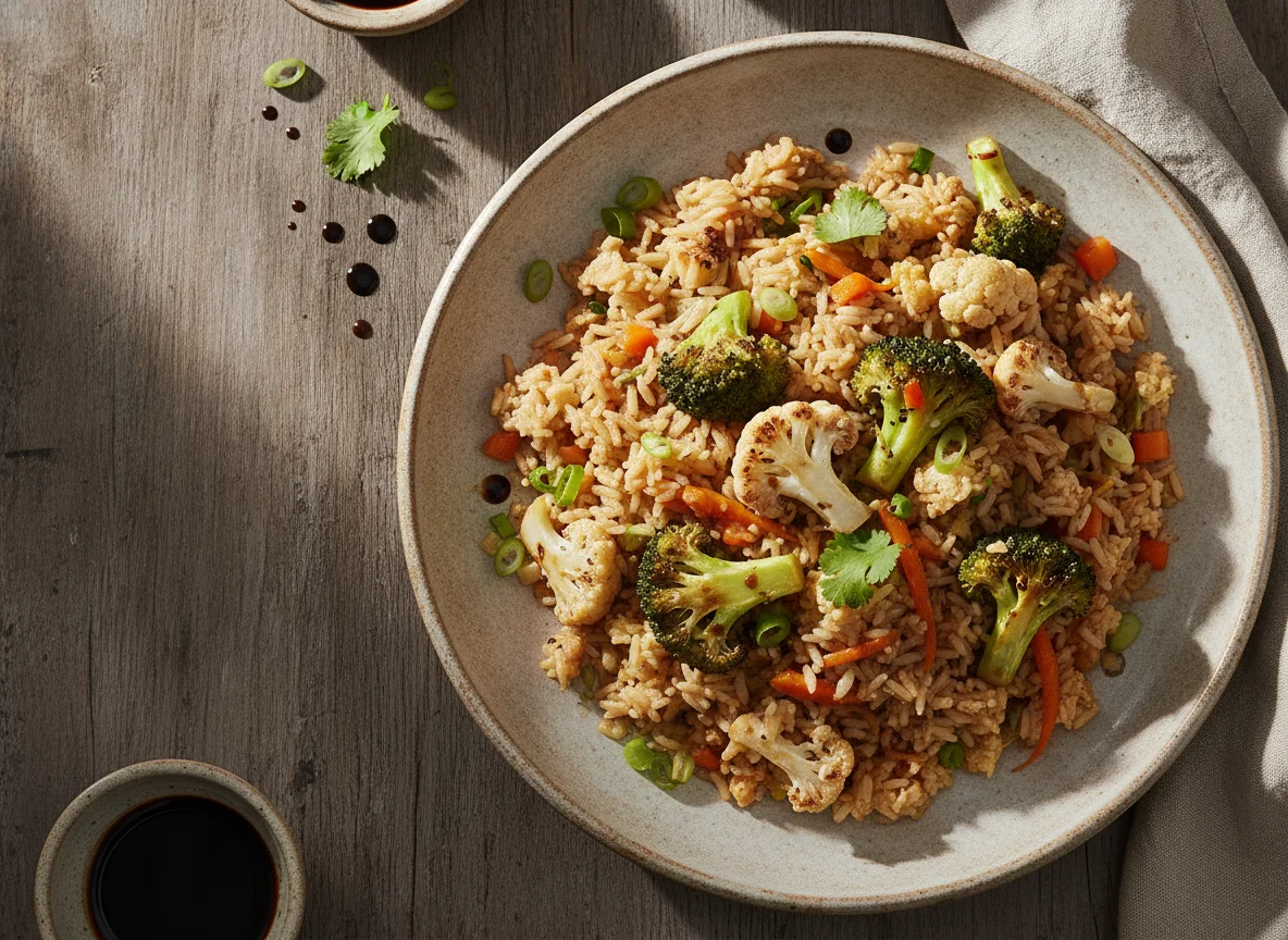 Arroz chaufán con salteado de coliflor y brócoli photo