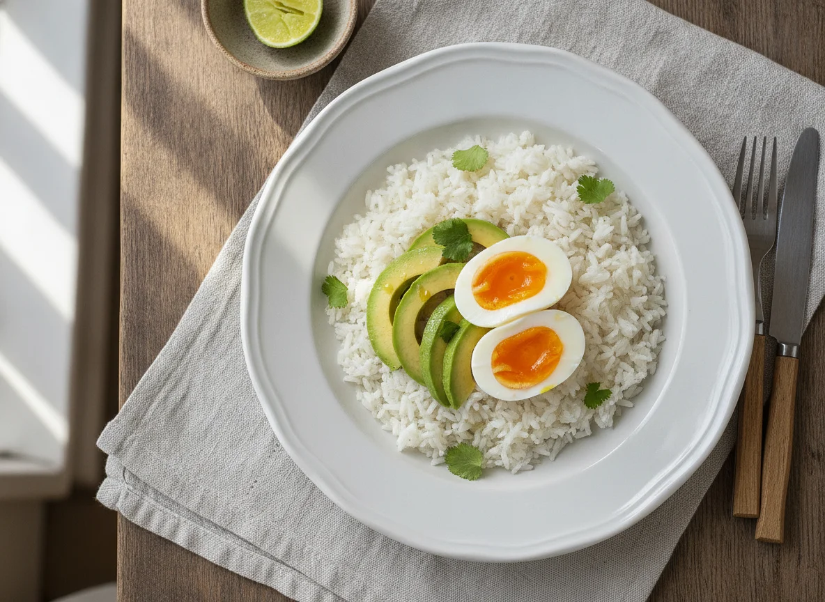 Arroz con aguacate y huevo photo