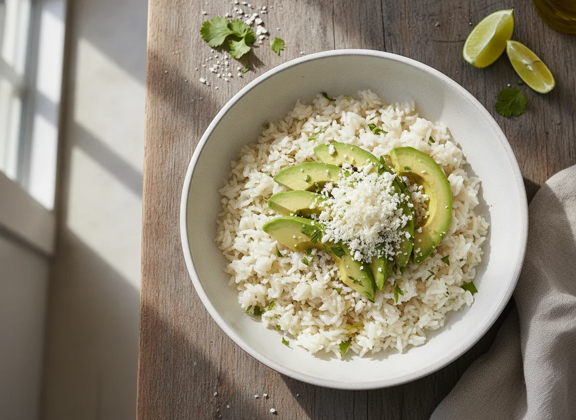 Arroz con aguacate y queso photo