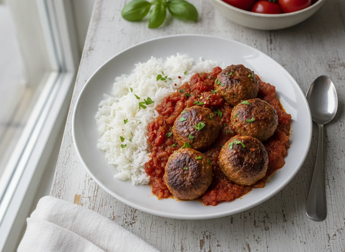 Arroz con albóndigas en salsa de tomate photo