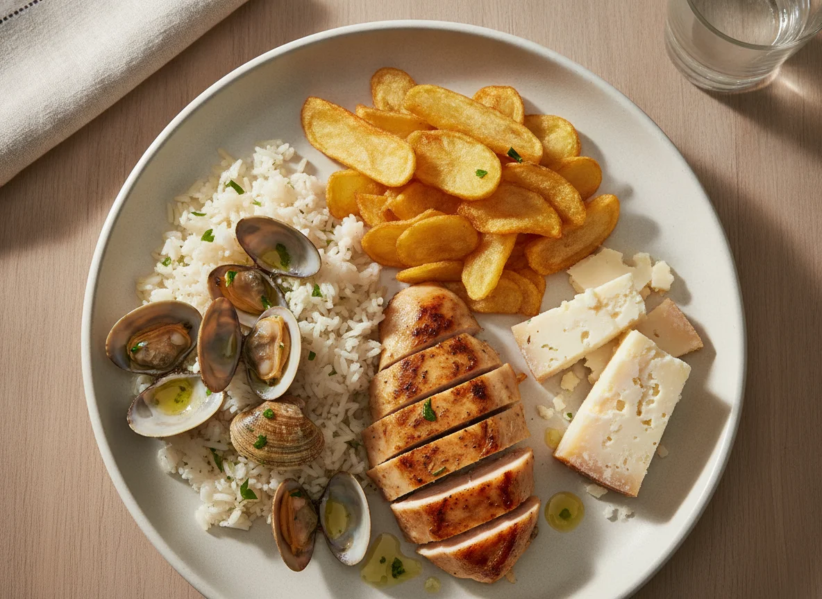 Arroz con almejas, pollo con patatas fritas y queso photo