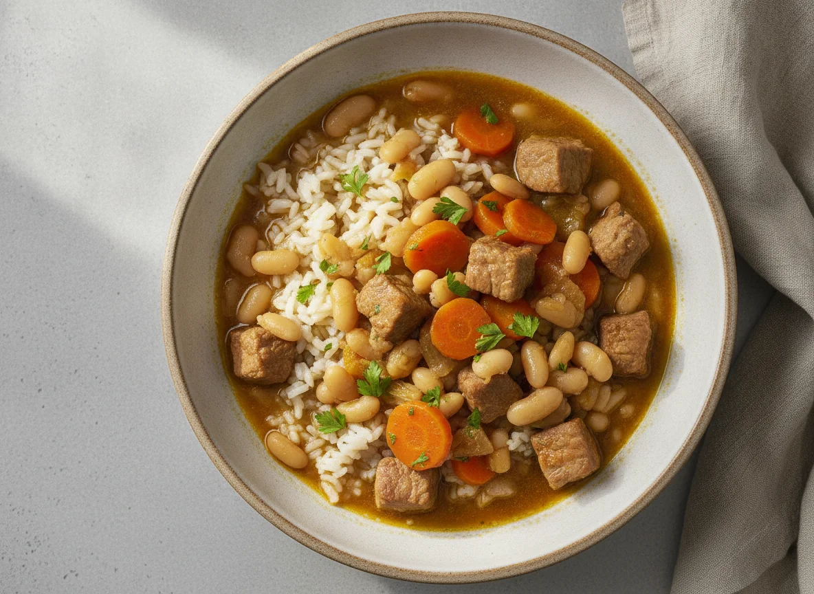 Arroz con alubias y carne photo