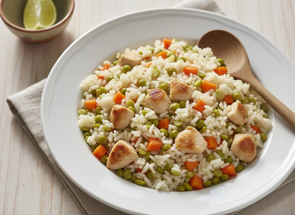 Arroz con arvejas partidas y pollo photo