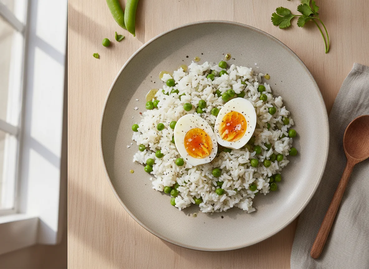 Arroz con arvejas y huevo photo