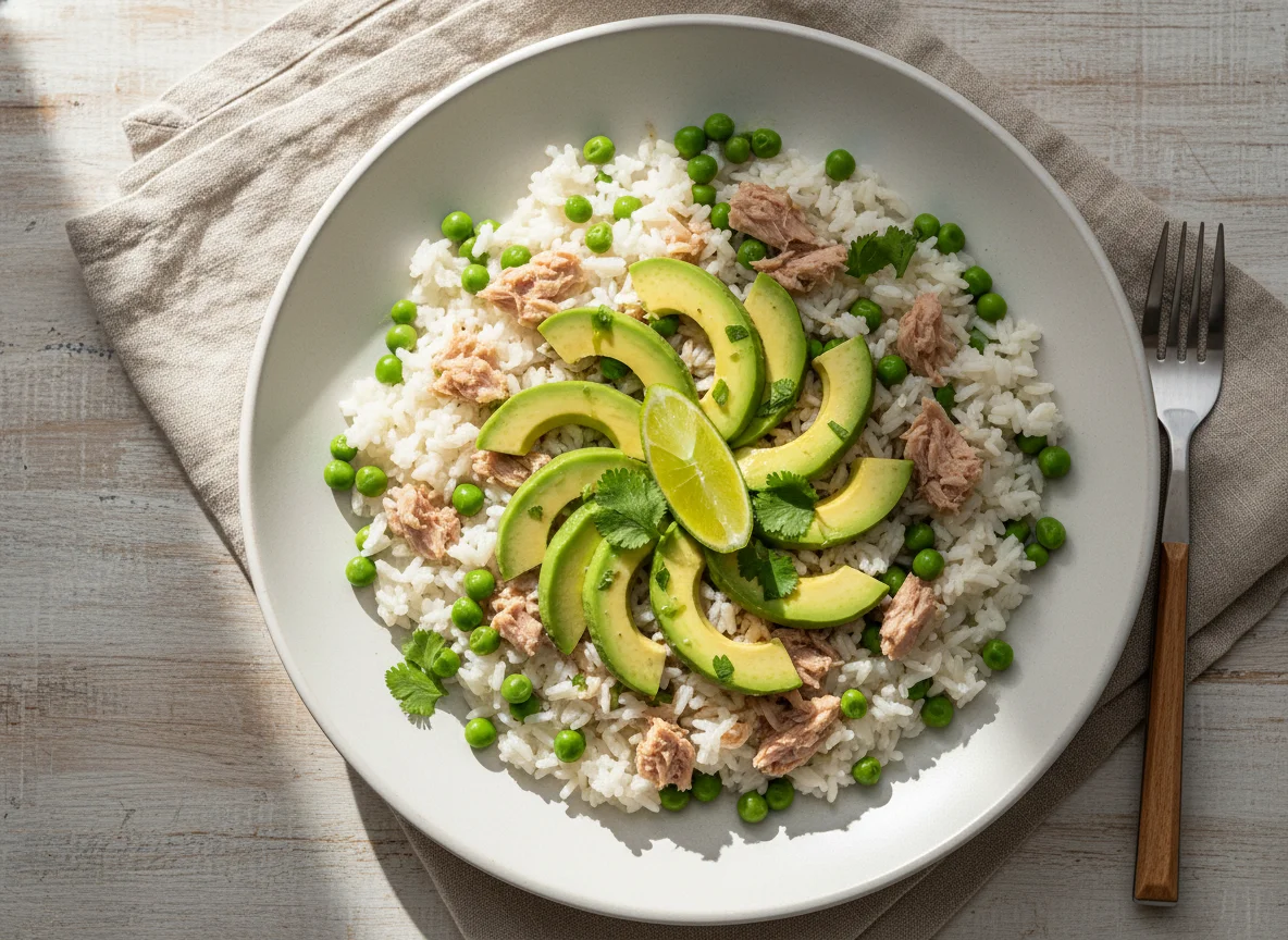 Arroz con atún, arvejas y palta photo