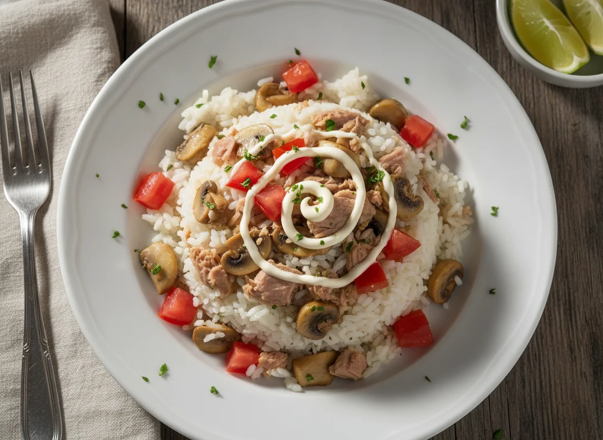 Arroz con atún, champiñones y tomate photo