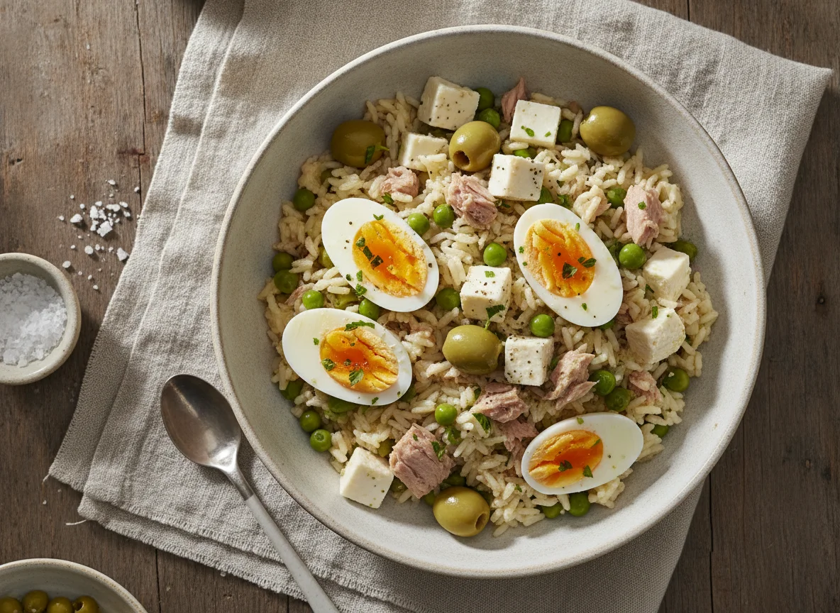 Arroz con atún, huevo, aceitunas y queso photo