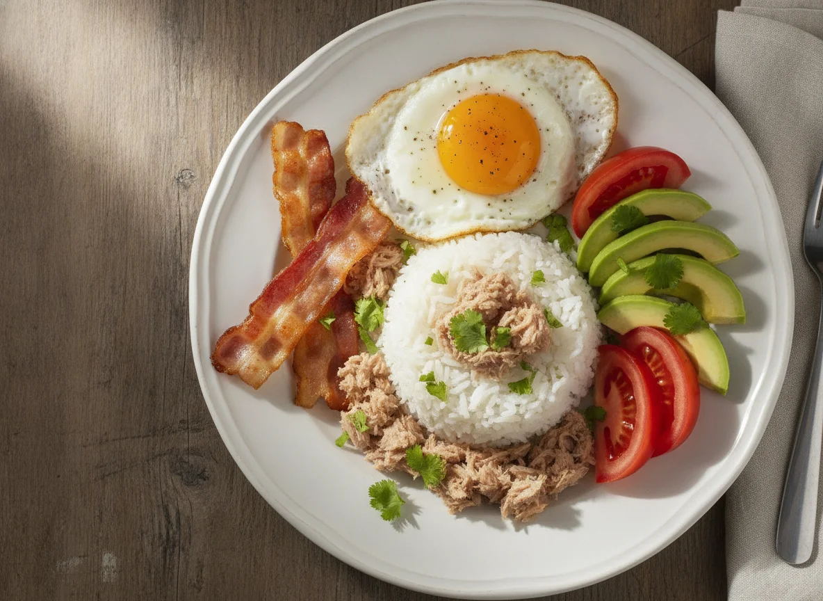 Arroz con atún, huevo, bacon, aguacate y tomate photo