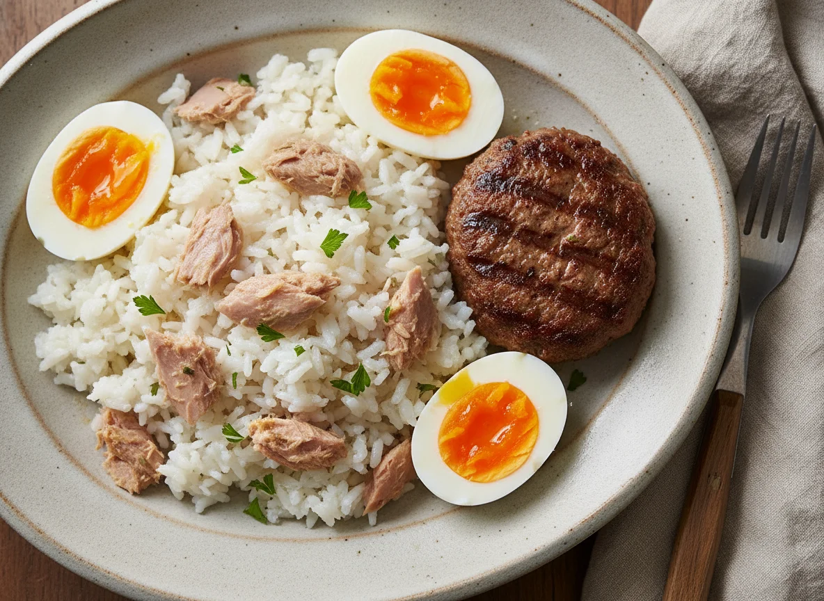 Arroz con atún, huevo cocido y hamburguesa photo