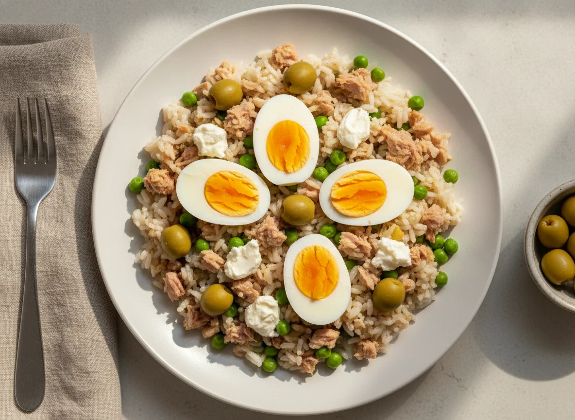 Arroz con atún, huevo y aceitunas photo