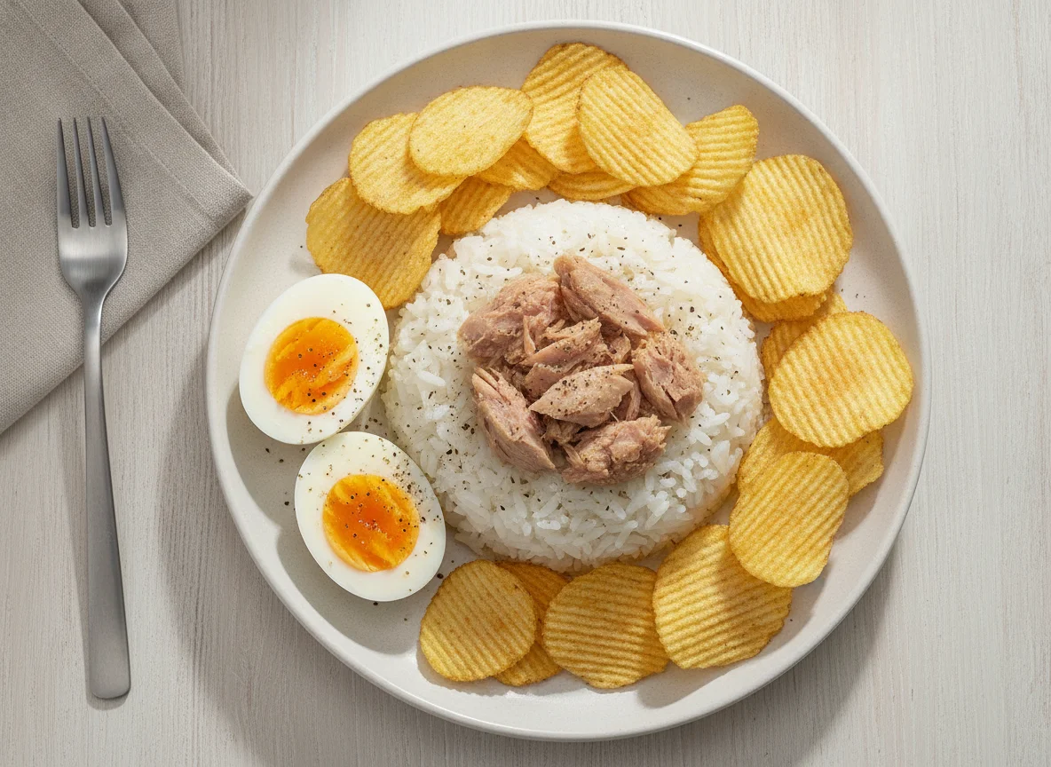 Arroz con atún, huevo y patatas fritas photo