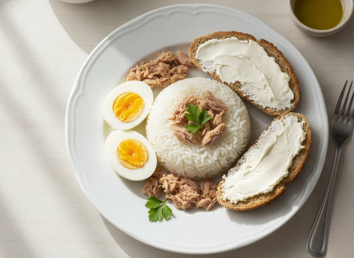 Arroz con atún, huevo y tostadas photo
