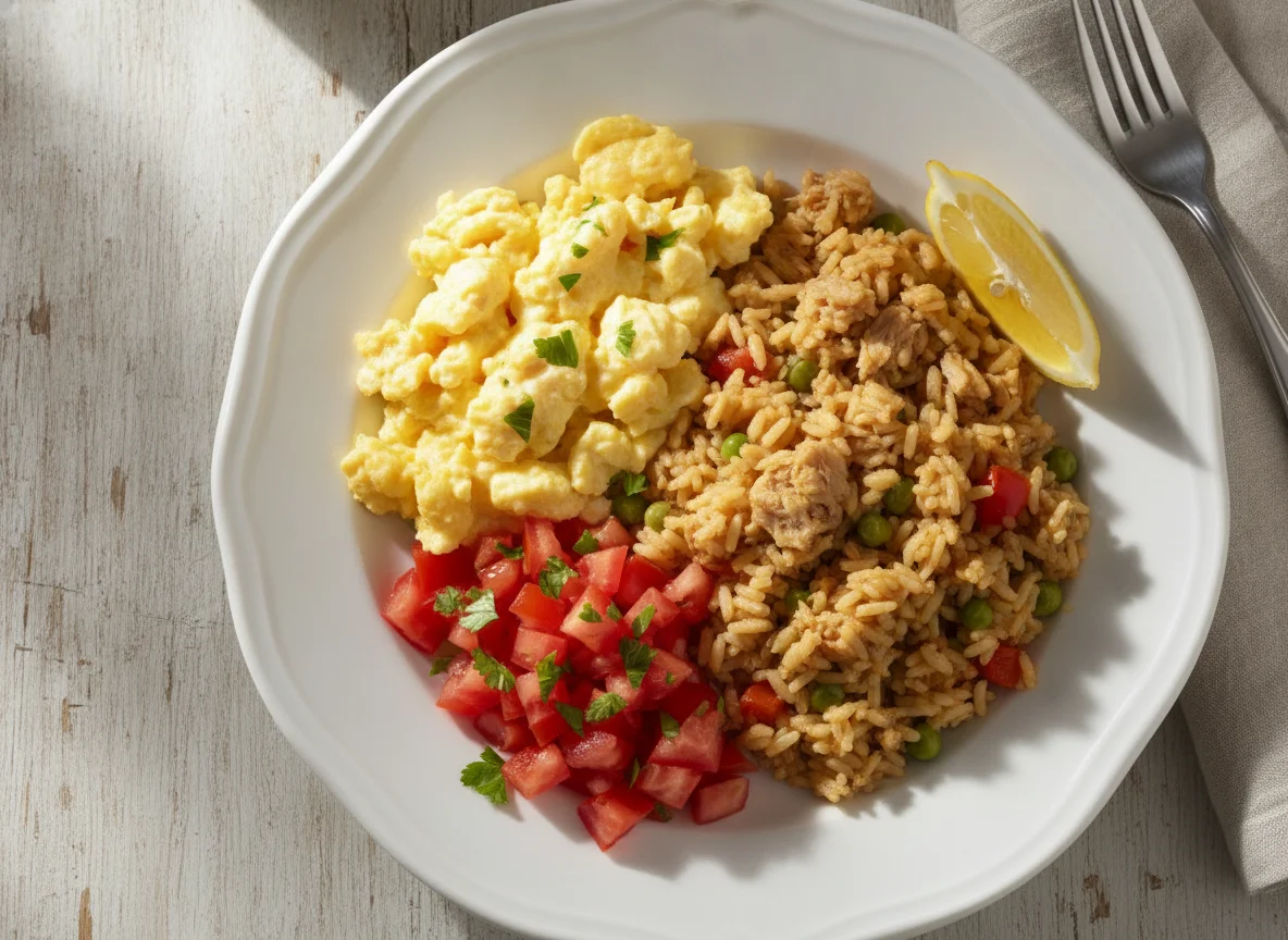 Arroz con atún, huevos revueltos y tomate photo