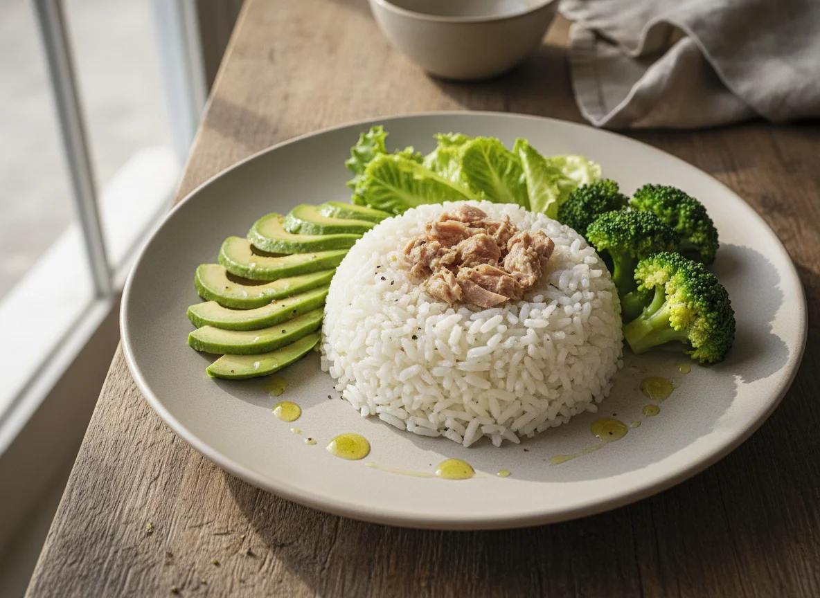 Arroz con atún, palta y brócoli photo