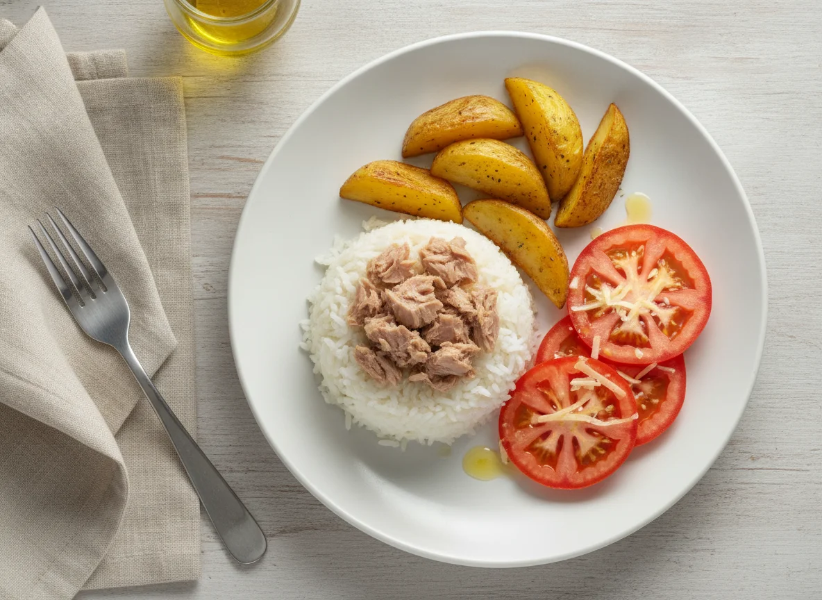 Arroz con atún, papas al horno y ensalada de tomate photo