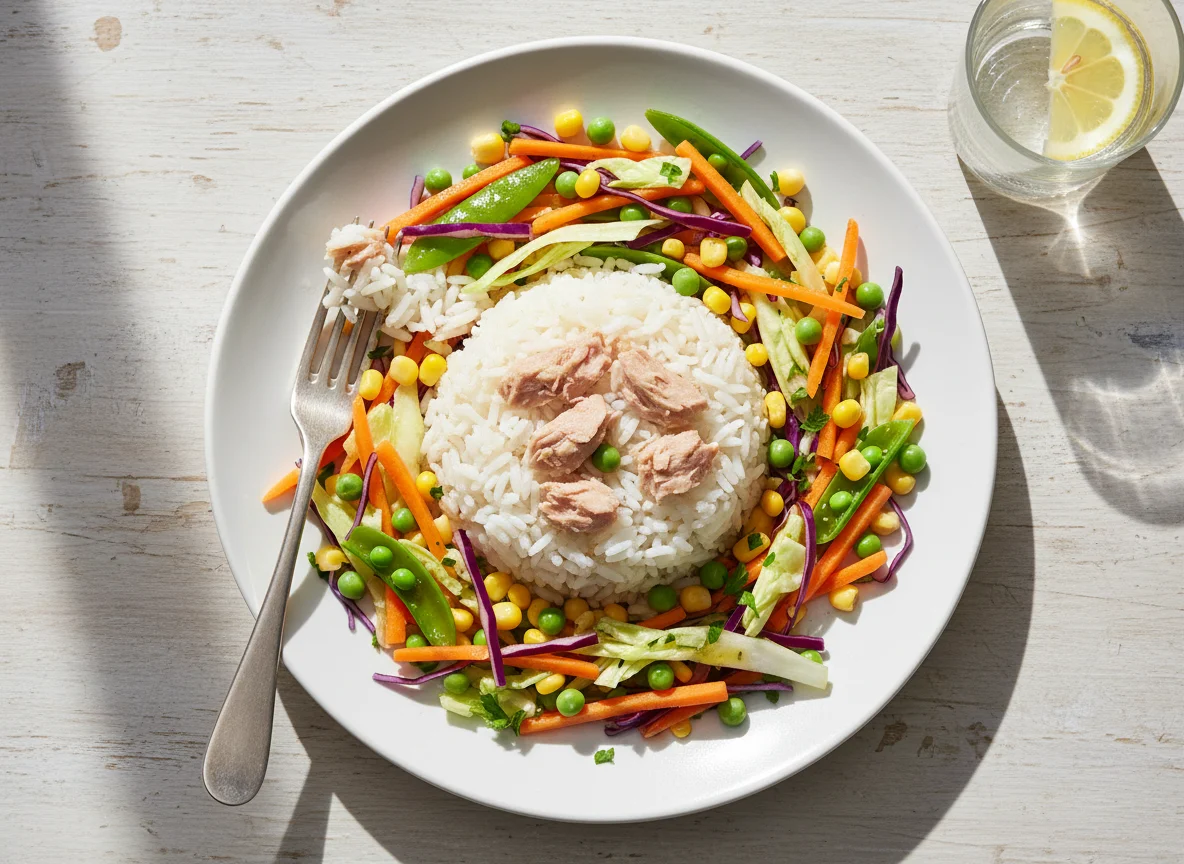 Arroz con atún y ensalada de vegetales photo