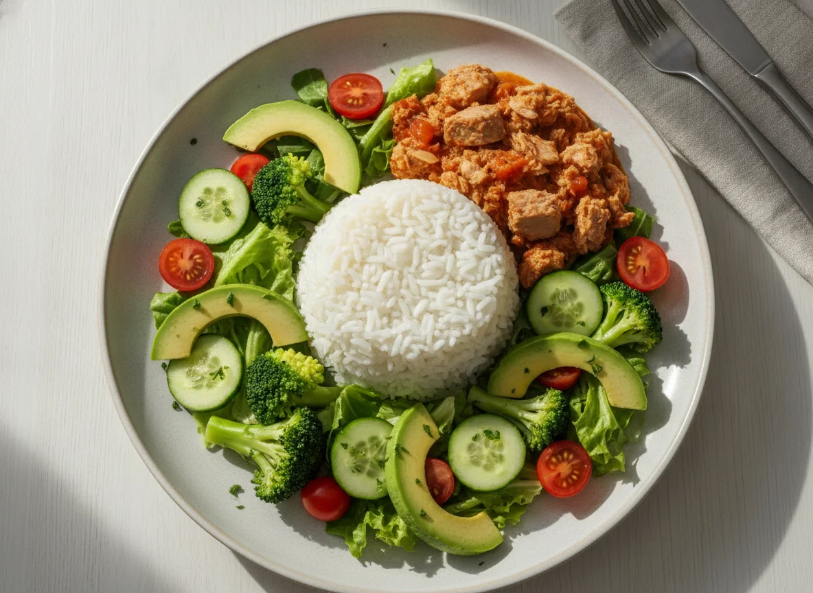 Arroz con atún y ensalada fresca photo