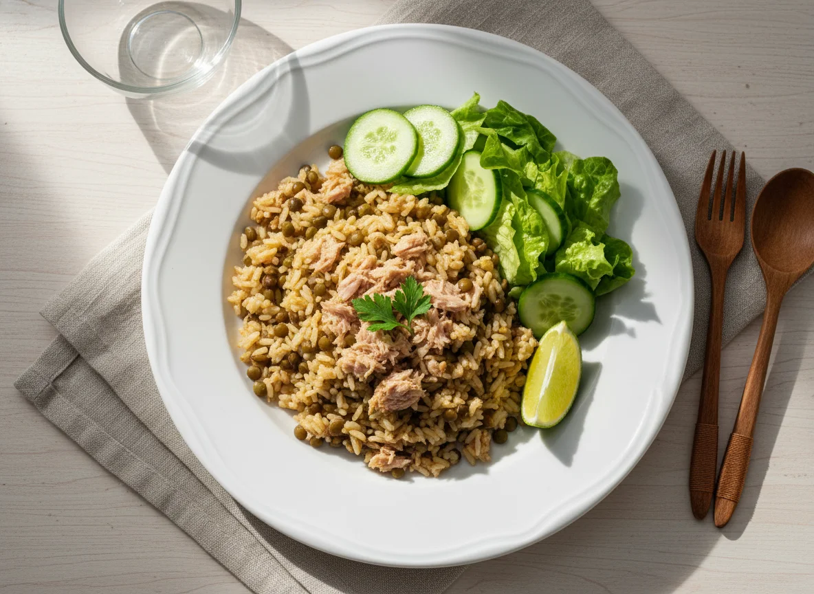Arroz con atún y ensalada photo