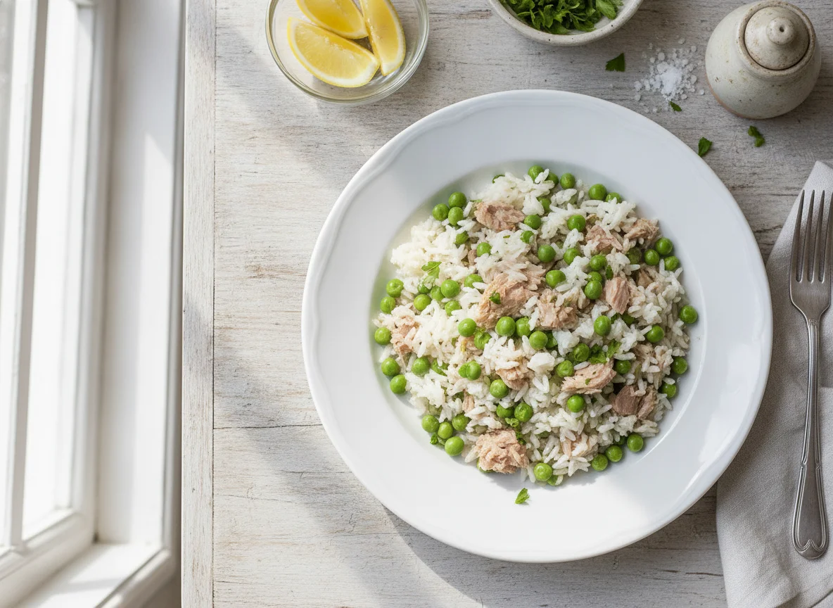 Arroz con atún y guisantes photo