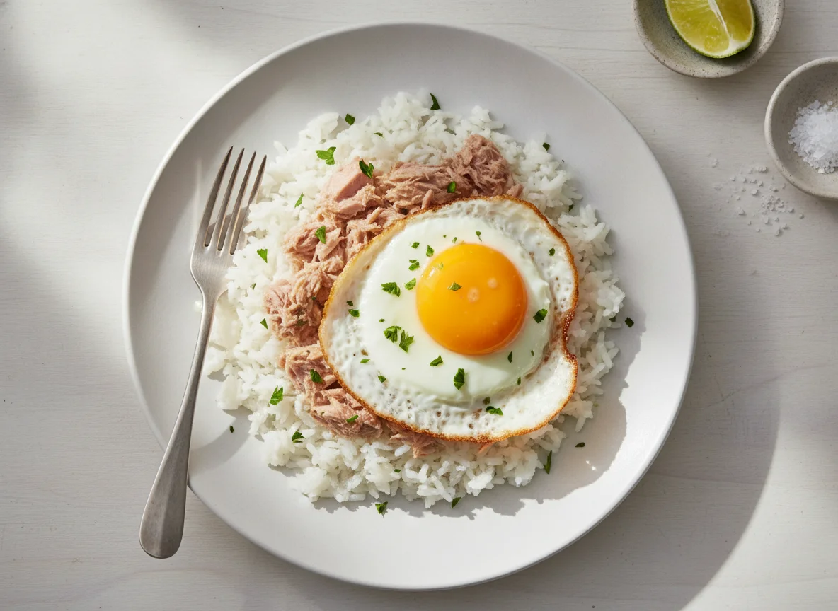 Arroz con atún y huevo frito photo