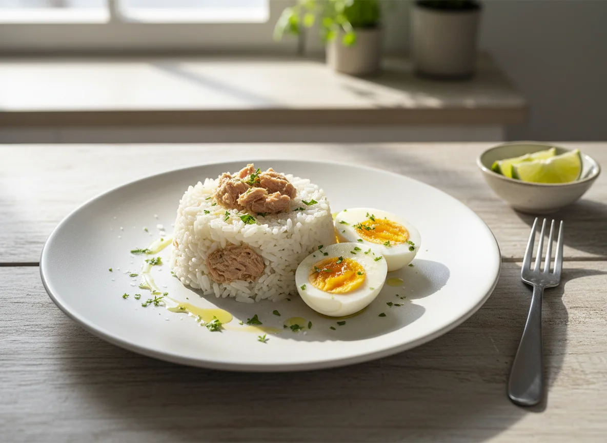 Arroz con atún y huevo photo