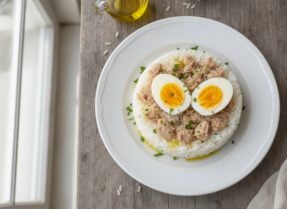 Arroz con atún y huevos cocidos photo