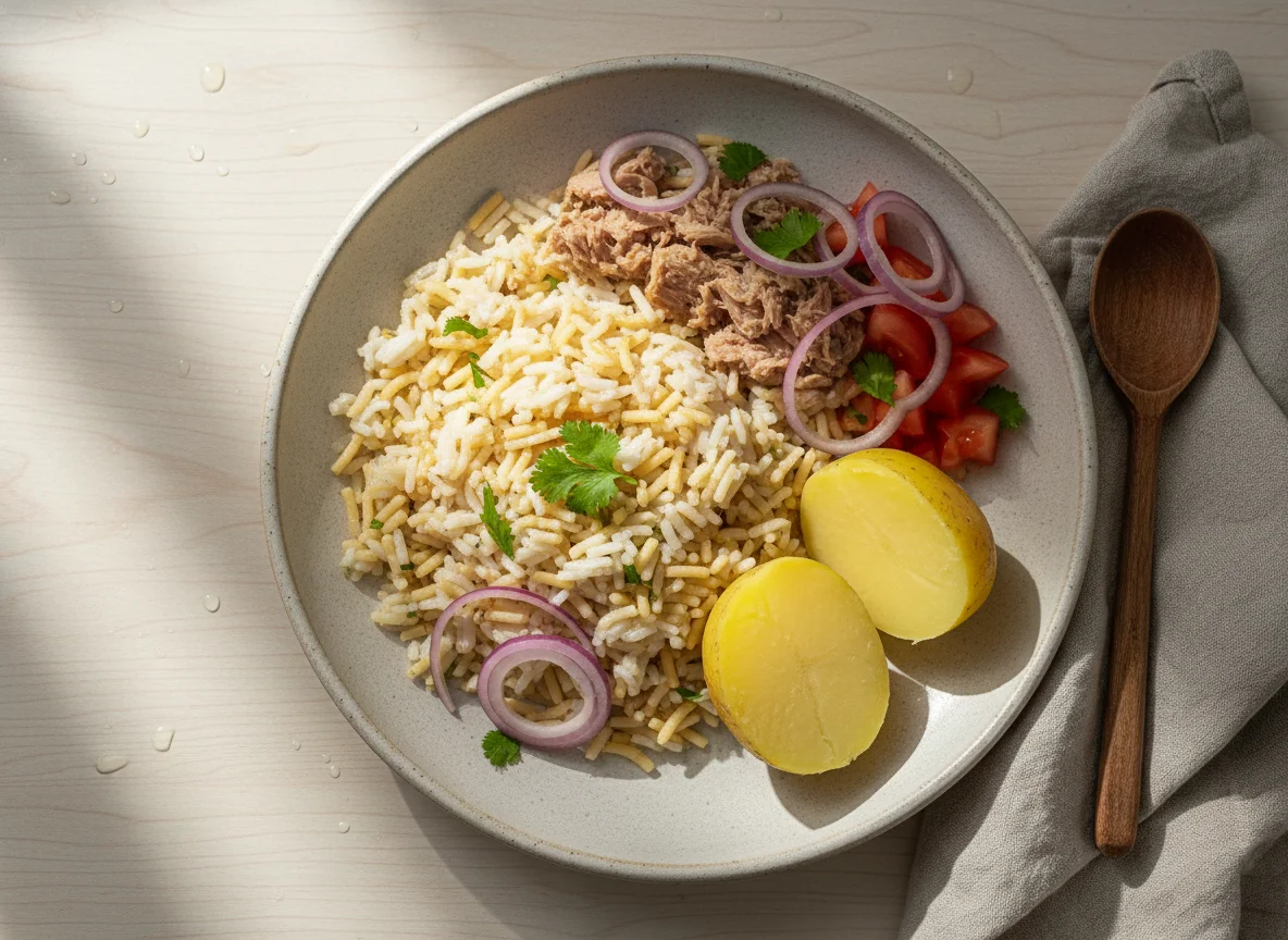 Arroz con atún y papa sancochada photo