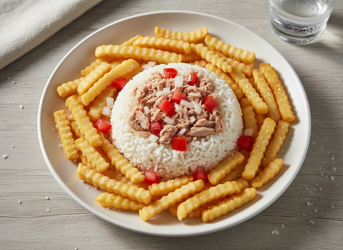 Arroz con atún y papas fritas photo