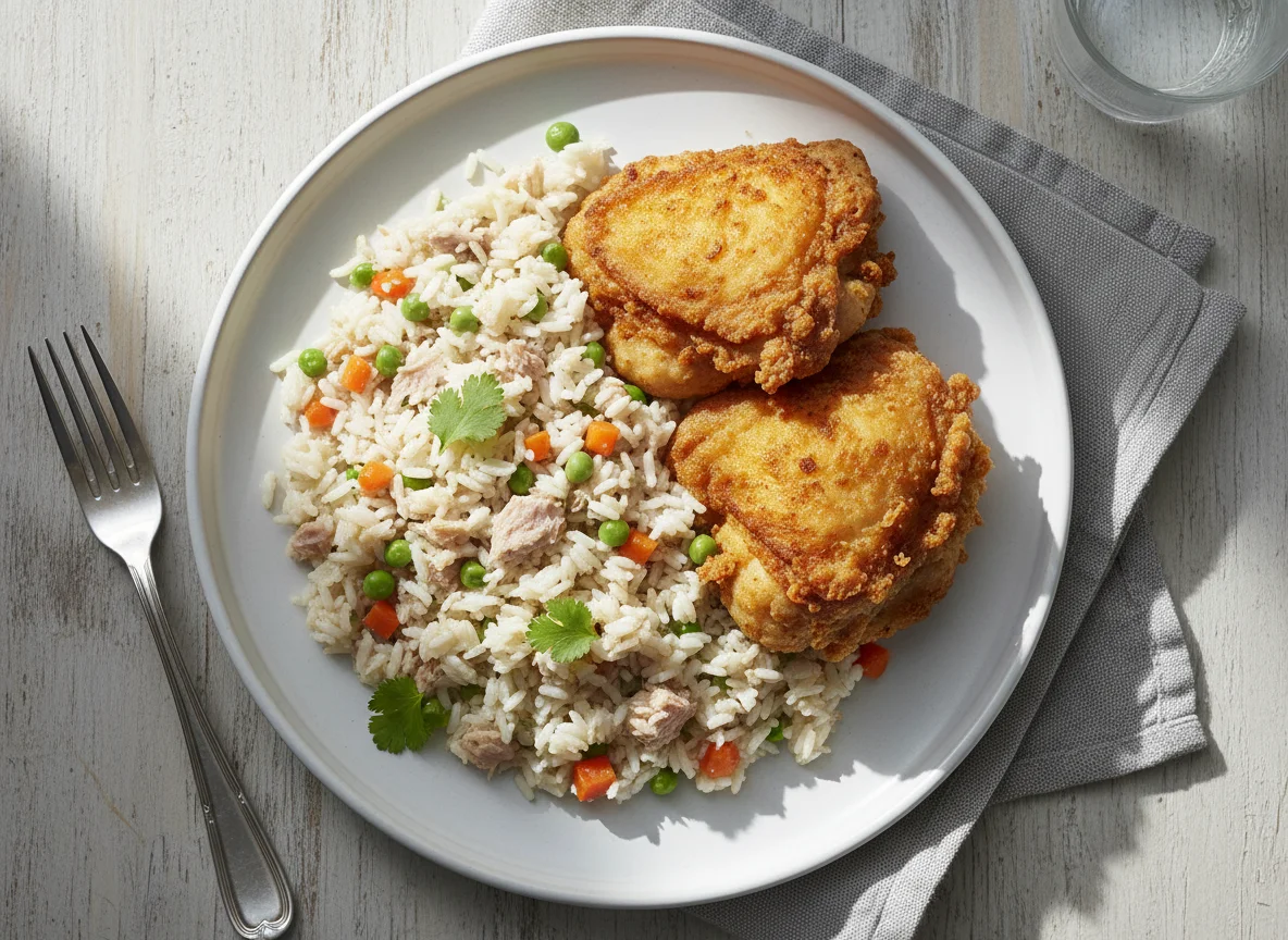 Arroz con atún y pollo frito photo
