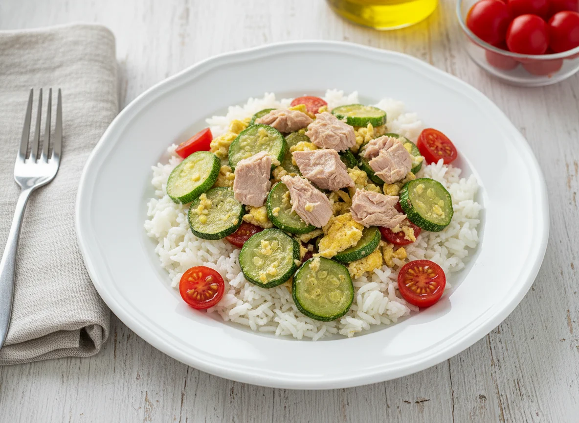 Arroz con atún y revuelto de zapallitos photo