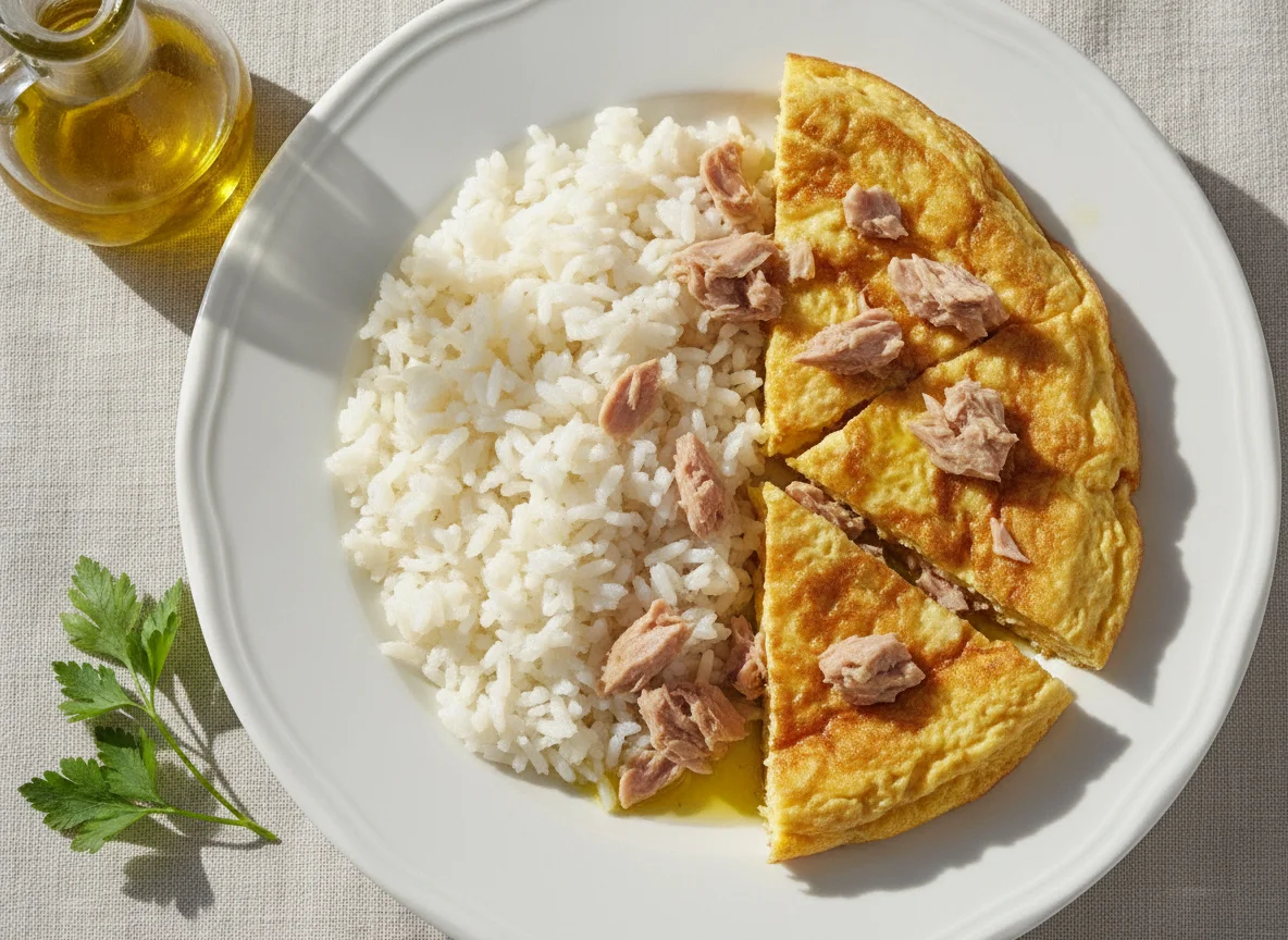 Arroz con atún y tortilla francesa photo