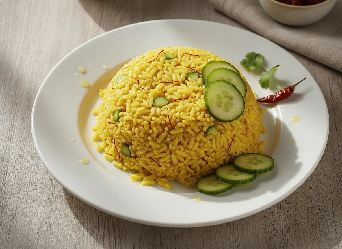 Arroz con azafrán y pepino photo