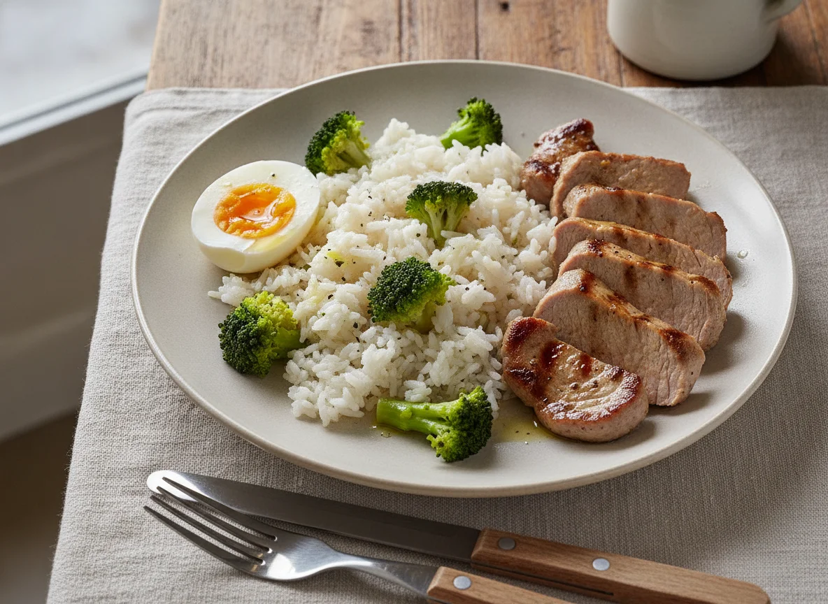 Arroz con brócoli, huevo cocido y carne a la plancha photo