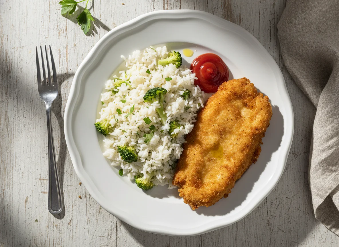 Arroz con brócoli y milanesa de pollo photo