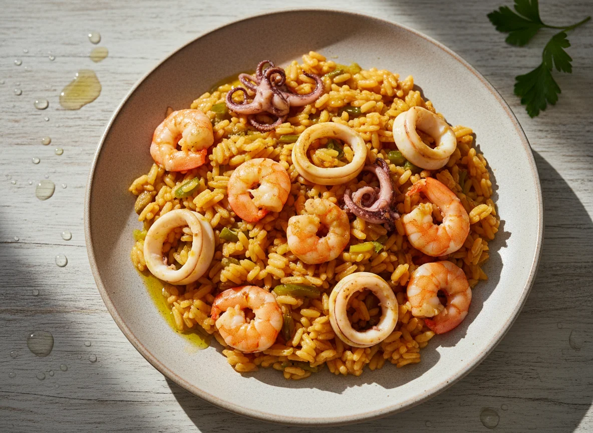 Arroz con calamares y gambas photo