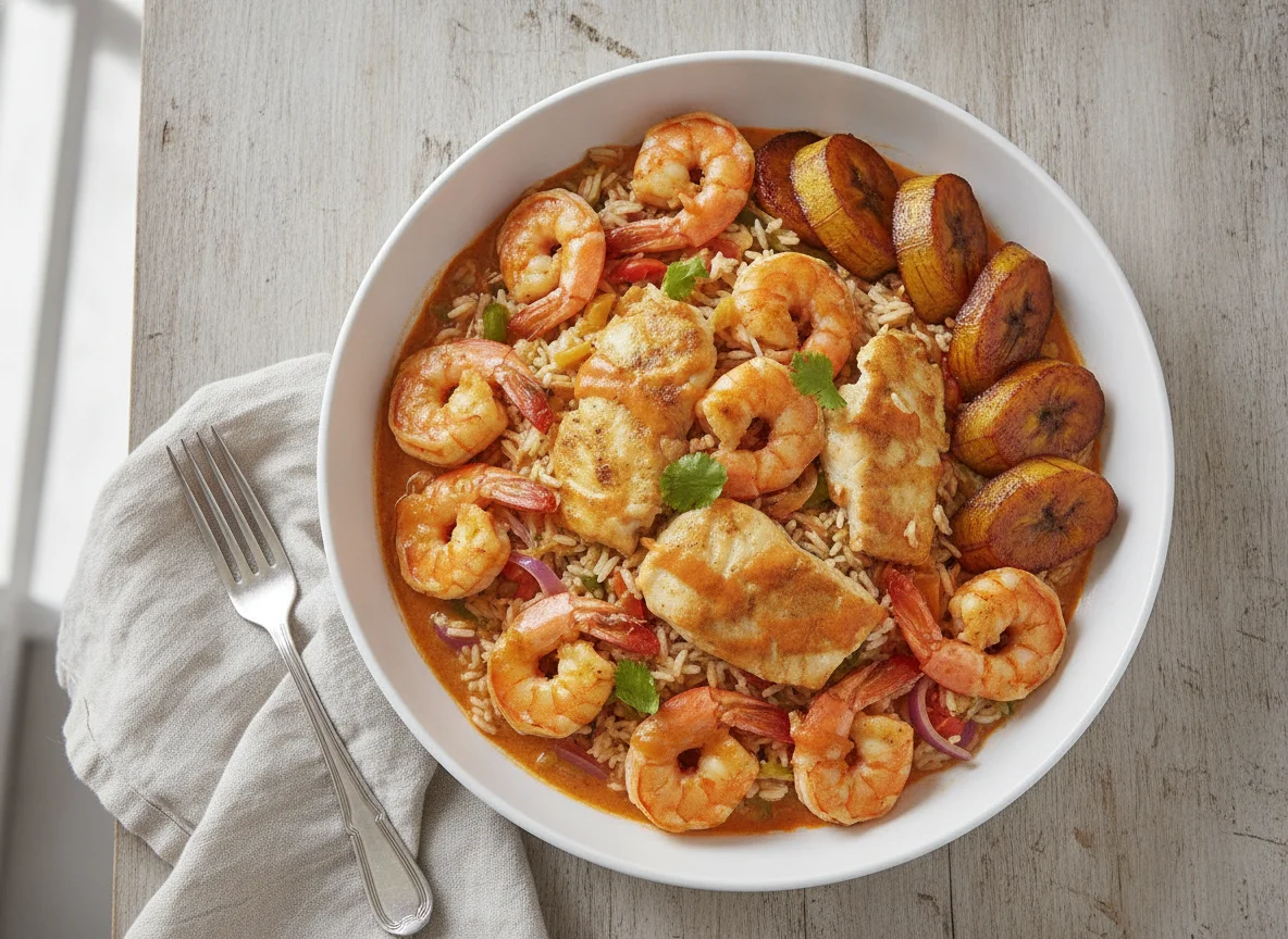 Arroz con camarones, pescado y plátano photo