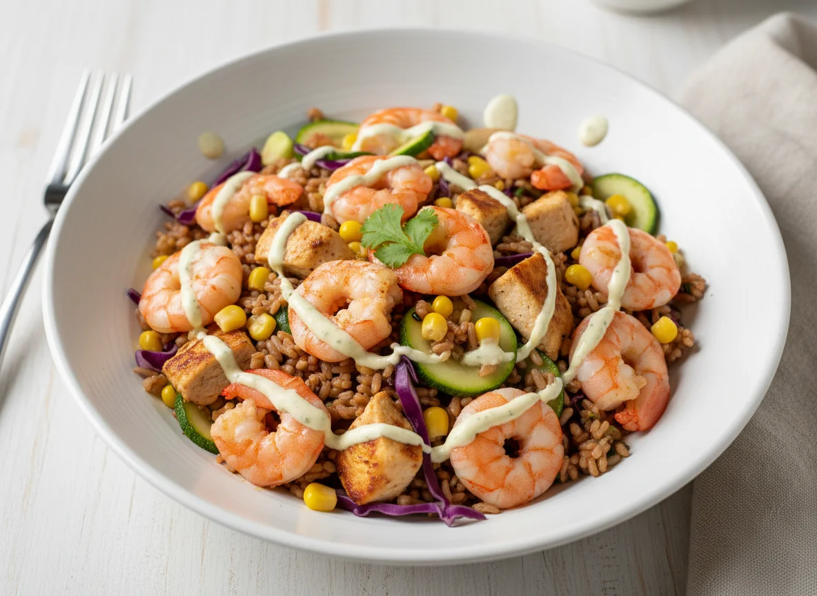 Arroz con camarones, pollo y vegetales photo