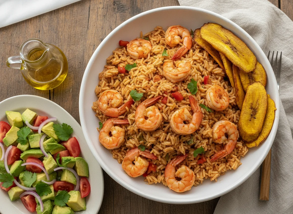 Arroz con camarones, tajadas de plátano maduro y ensalada de aguacate photo