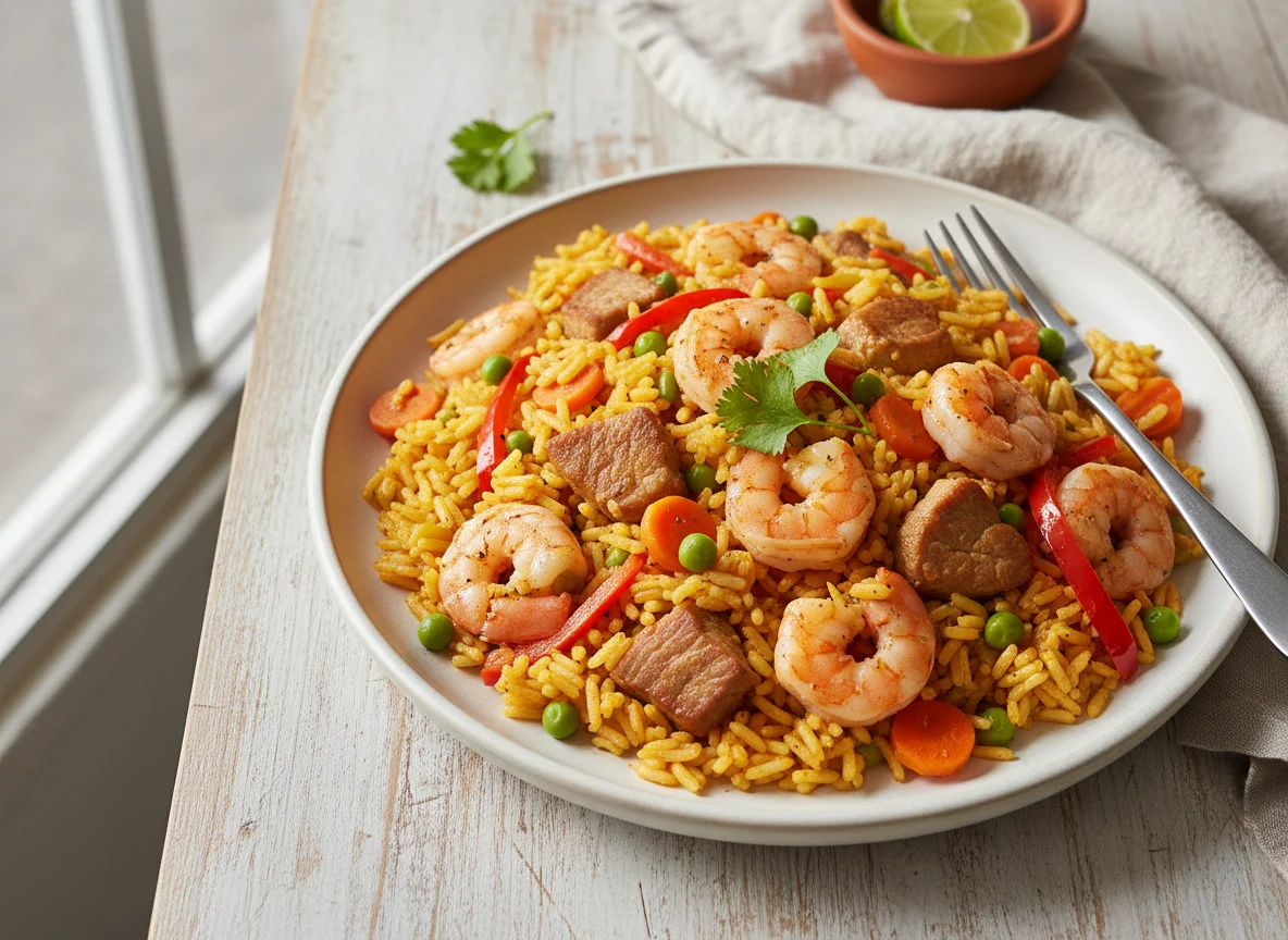 Arroz con camarones y carne photo