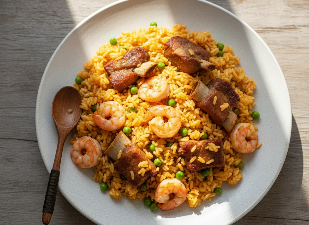 Arroz con camarones y costilla de cerdo photo