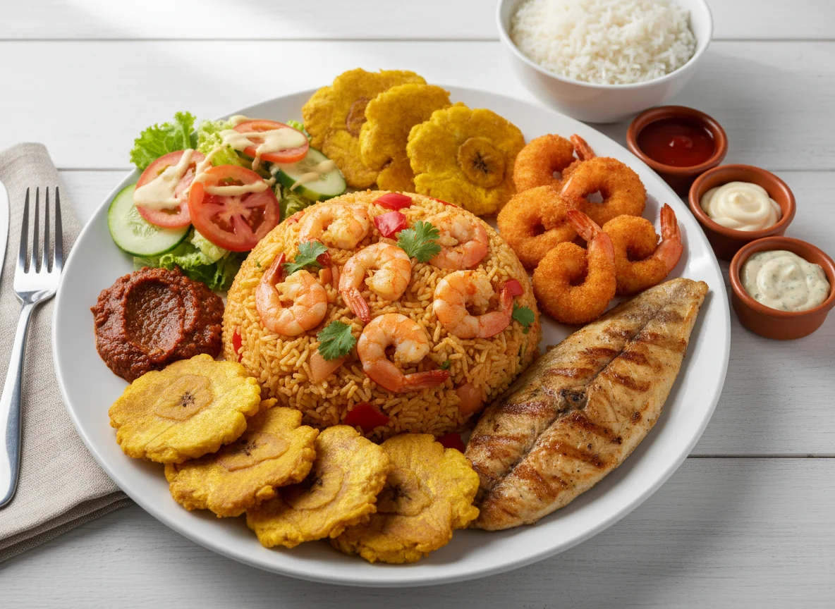 Arroz con camarones y patacones photo