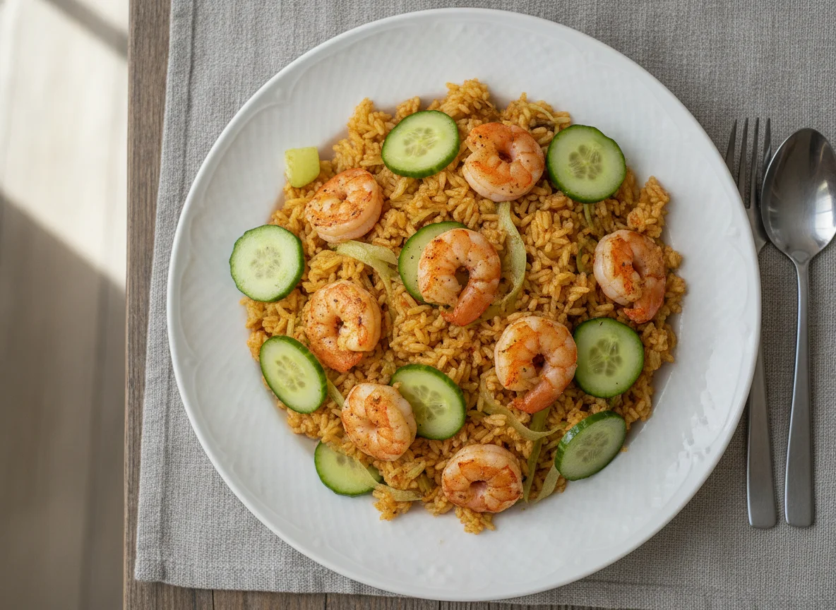 Arroz con camarones y pepino photo