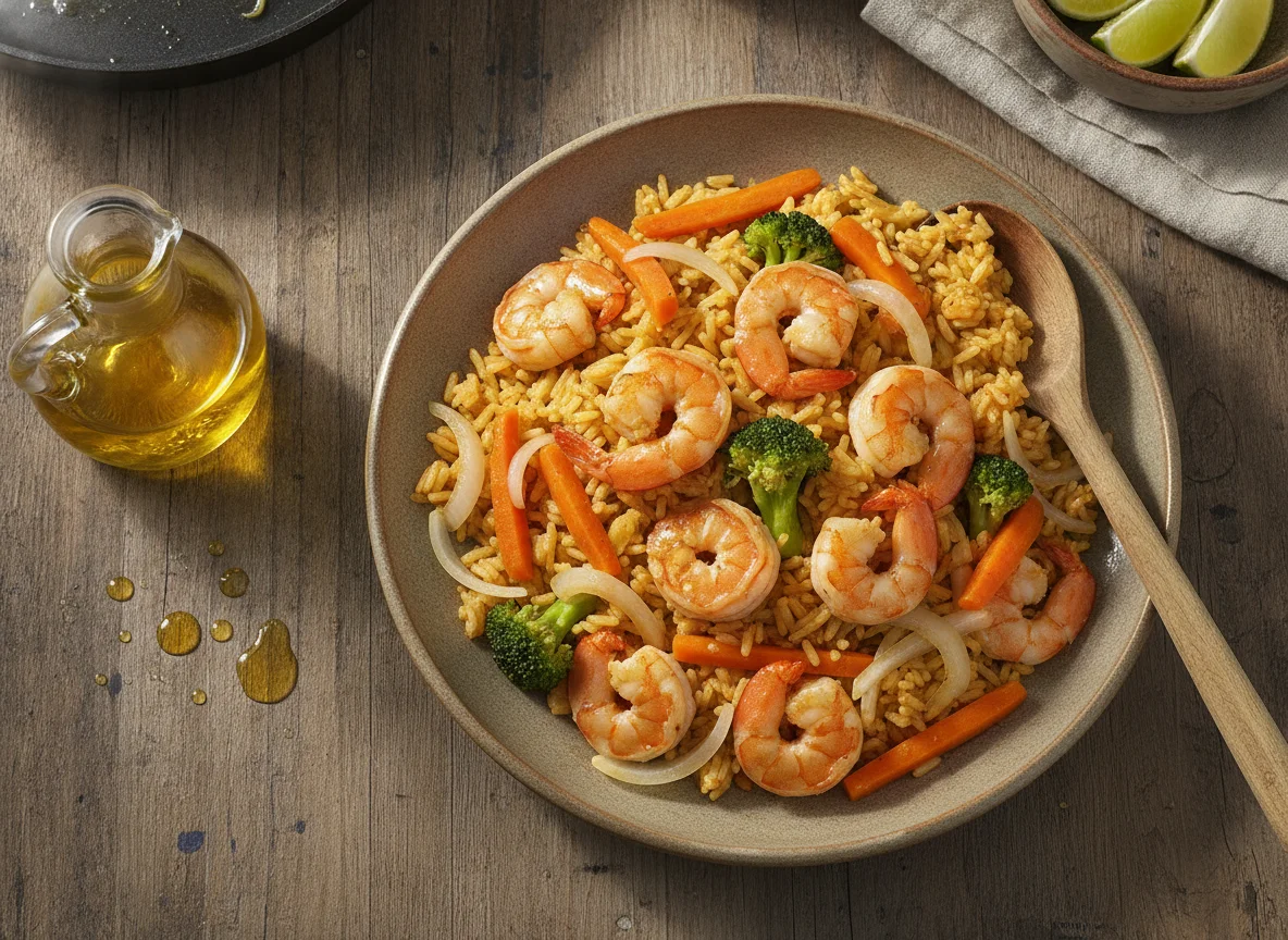 Arroz con camarones y vegetales photo