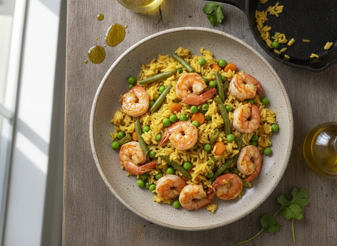 Arroz con camarones y verduras photo